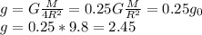 g=G \frac{M}{4R^2} =0.25 G \frac{M}{R^2} =0.25g_0 \\ 
g=0.25*9.8=2.45