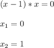 \\ (x-1)*x=0 \\ 
 \\ x_{1}=0 \\ 
 \\ x_{2}=1 \\