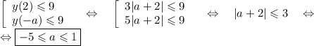 \left[\begin{array}{l}
y(2)\leqslant9\\
y(-a)\leqslant9
\end{array}\right. \quad \Leftrightarrow \quad
\left[\begin{array}{l}
3|a+2|\leqslant9\\
5|a+2|\leqslant9
\end{array}\right. \quad\Leftrightarrow\quad |a+2|\leqslant 3\quad\Leftrightarrow\\
\Leftrightarrow \boxed{-5\leqslant a\leqslant 1}