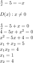 \frac{4}{x}-5=-x\\\\ D(x):x \neq 0\\\\ \frac{4}{x}-5+x=0\\ 4-5x+x^{2}=0\\ x^{2}-5x+4=0\\ x_{1}+x_{2}=5\\ x_{1}x_{2}=4\\ x_{1}=1\\ x_{2}=4\\