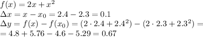 f(x)=2x+x^2
\\\
\Delta x=x-x_0=2.4-2.3=0.1
\\\
\Delta y=f(x)-f(x_0)=(2\cdot2.4+2.4^2)-(2\cdot2.3+2.3^2)=
\\\
=4.8+5.76-4.6-5.29=0.67