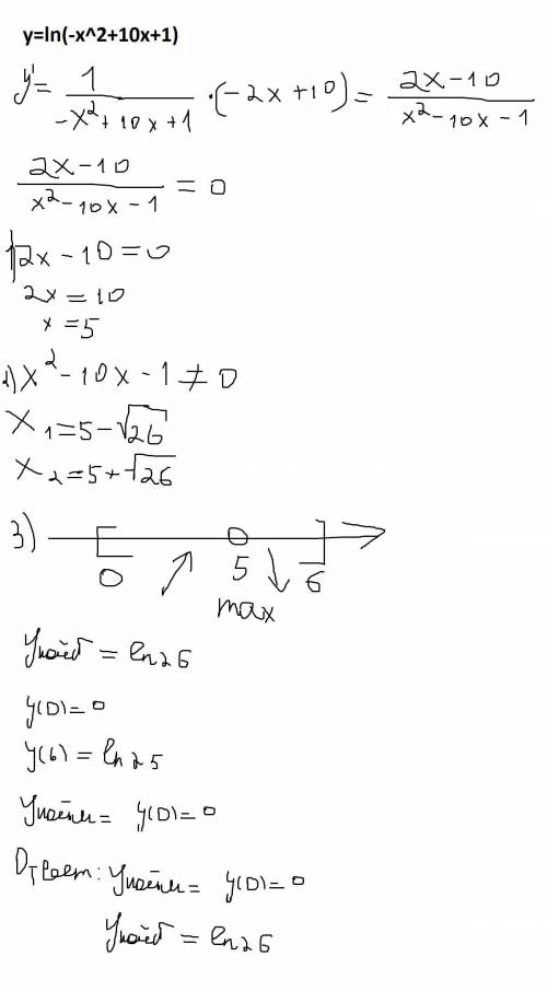 Найти наибольшее и наименьшее значение функции y=ln(-x^2+10x+1) на отрезке [0; 6]