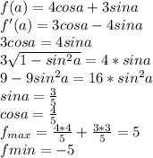 f(a)=4cosa+3sina\\
 f'(a)=3cosa-4sina\\
 3cosa=4sina\\
 3\sqrt{1-sin^2a}=4*sina\\
 9-9sin^2a=16*sin^2a\\
 sina=\frac{3}{5}\\
 cosa=\frac{4}{5}\\
 f_{max} = \frac{4*4}{5}+\frac{3*3}{5}=5\\
 f{min}=-5