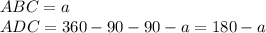 ABC=a\\ 
 ADC=360-90-90-a=180-a
