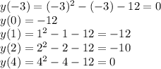 y(-3)=(-3)^2-(-3)-12=0
\\\
y(0)=-12
\\\
y(1)=1^2-1-12=-12
\\\
y(2)=2^2-2-12=-10
\\\
y(4)=4^2-4-12=0