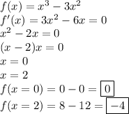 f(x)=x^3-3x^2
\\
f'(x)=3x^2-6x=0
\\
x^2-2x=0
\\
(x-2)x=0
\\
x=0
\\
x=2
\\
f(x=0)=0-0=\boxed{0}
\\
f(x=2)=8-12=\boxed{-4}