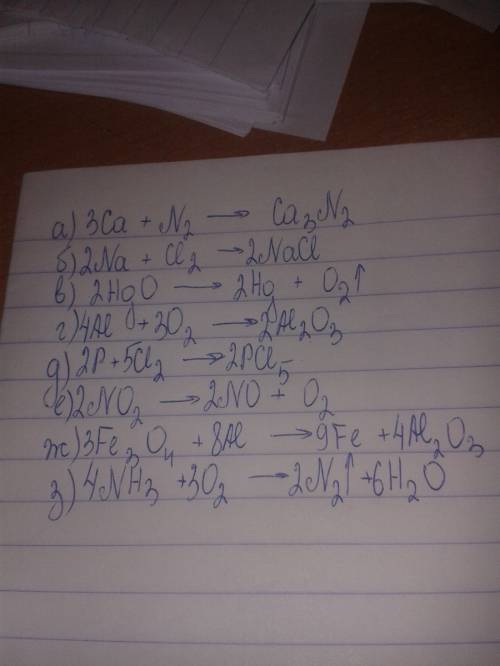 Расставьте коэффициенты в схемах реакций . а) ca+n2=ca3n2 б) na+cl2=nacl в) hgo=hg+o2 г) al+o2=al2o3