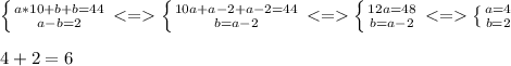 \left \{ {{a*10+b+b=44} \atop {a-b=2}} \right. \left \{ {{10a+a-2+a-2=44} \atop {b=a-2}} \right. \left \{ {{12a=48} \atop {b=a-2}} \right. \left \{ {{a=4} \atop {b=2}} \right. \\\\
4+2=6