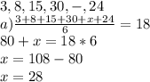 3,8,15,30,-,24 \\ 
a) \frac{3+8+15+30+x+24}{6} =18 \\ 
 80+x = 18*6 \\ 
 x =108-80 \\ 
 x = 28 \\ 

