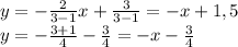 y=-\frac{2}{3-1}x + \frac{3}{3-1} = -x+1,5 \\ 
y=- \frac{3+1}{4} - \frac{3}{4} = -x - \frac{3}{4} \\