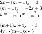 2x+(m-1)y=3 \\ 
(m-1)y=-2x+3 \\ 
y=-\frac{2}{m-1}x + \frac{3}{m-1} \\
 
(m+1)x +4y= - 3 \\
4y=-(m+1)x - 3 \\
