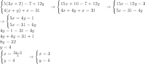 \begin{cases}5(3x+2)=7+12y\\4(x+y)+x=31\end{cases}\Rightarrow\begin{cases}15x+10=7+12y\\4x+4y+x=31\end{cases}\Rightarrow\begin{cases}15x=12y-3\\5x=31-4y\end{cases}\\\Rightarrow\begin{cases}5x=4y-1\\5x=31-4y\end{cases}\\4y-1=31-4y\\4y+4y=31+1\\8y=32\\y=4\\\begin{cases}x=\frac{4y-1}5\\y=4\end{cases}\Rightarrow\begin{cases}x=3\\y=4\end{cases}