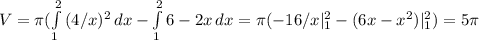 V= \pi ( \int\limits^2_1{(4/ x)^{2} } \, dx - \int\limits^2_1 {6-2x} \, dx = \pi (-16/x | \limits^2_1 - (6x-x^{2} )| \limits^2_1) = 5 \pi
