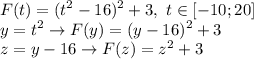 \displaystyle F(t)=(t^2-16)^2+3, \ t\in[-10;20] \\ y=t^2 \to F(y)=(y-16)^2+3 \\ z=y-16 \to F(z)=z^2+3
