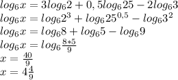 log_{6} x = 3 log_{6} 2 + 0,5log_{6} 25 - 2 log_{6} 3 \\ 
log_{6} x = log_{6} 2^{3} + log_{6} 25^{0,5} - log_{6} 3^{2} \\ 
log_{6} x = log_{6} 8 + log_{6} 5 - log_{6}9 \\ 
log_{6} x = log_{6} \frac{8*5}{9} \\ 
x = \frac{40}{9} \\ 
x = 4 \frac{4}{9} \\