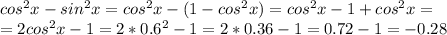 cos ^{2} x-sin ^{2} x=cos ^{2} x-(1-cos ^{2} x)=cos ^{2} x-1+cos ^{2} x=\\=2cos ^{2} x-1=2*0.6 ^{2} -1=2*0.36-1=0.72-1=-0.28
