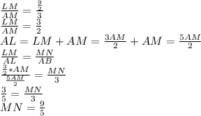\frac{LM}{AM} = \frac{ \frac{9}{2}}{3} \\
 \frac{LM}{AM} = \frac{3}{2}\\
 AL = LM+AM = \frac{3AM}{2}+AM = \frac{5AM}{2} \\
 \frac{LM}{AL} = \frac{MN}{AB} \\\
 \frac{ \frac{3}{2}*AM}{ \frac{5AM}{2} } = \frac{MN}{3}\\
 \frac{3}{5} = \frac{MN}{3}\\
 MN=\frac{9}{5}