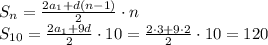 S_{n}= \frac{2a_1+d(n-1)}{2} \cdot n
\\\
S_{10}= \frac{2a_1+9d}{2} \cdot 10=\frac{2\cdot 3+9\cdot2}{2} \cdot 10=120