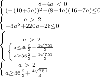 \left \{ {8-4a\ \textless \ 0} \atop {(-(10+5a))^2-(8-4a)(16-7a) \leq 0}} \right. \\ \left \{ {{a\ \textgreater \ 2} \atop {-3a^2+220a-28 \leq 0}} \right. \\ \left \{ {{a\ \textgreater \ 2} \atop { \left \{ {{a \leq 36 \frac{2}{3}- \frac{4 \sqrt{751} }{3} } \atop {a \geq 36 \frac{2}{3}+ \frac{4 \sqrt{751} }{3}}} \right. }} \right. \\ 
 \left \{ {{a\ \textgreater \ 2} \atop {a \geq 36 \frac{2}{3}+ \frac{4 \sqrt{751} }{3}}} \right.