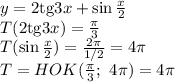 y=2\mathrm{tg}3x+\sin \frac{x}{2} \\\ T(2\mathrm{tg}3x)= \frac{ \pi }{3} \\\ T(\sin \frac{x}{2} )= \frac{2 \pi }{ 1/2 } =4 \pi \\\ T=HOK( \frac{ \pi }{3} ; \ 4 \pi )=4 \pi
