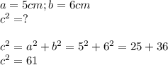 a=5cm;b=6cm \\ 
c^2=? \\ \\ 
c^2=a^2+b^2=5^2+6^2=25+36 \\ 
c^2=61 \\