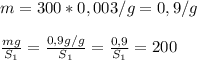m =300*0,003/g =0,9/g \newline \newline
\frac{mg}{S_1}=\frac{0,9g/g}{S_1}=\frac{0,9}{S_1}=200