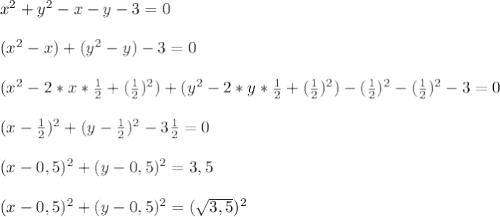 x^2+y^2-x-y-3=0\\\\
(x^2-x)+(y^2-y)-3=0\\\\(x^2-2*x* \frac{1}{2}+( \frac{1}{2})^2)+ (y^2-2*y* \frac{1}{2}+( \frac{1}{2})^2)-( \frac{1}{2})^2- ( \frac{1}{2})^2-3=0\\\\(x- \frac{1}{2})^2+(y- \frac{1}{2})^2-3 \frac{1}{2}=0\\\\(x-0,5)^2+(y-0,5)^2=3,5\\\\(x-0,5)^2+(y-0,5)^2=( \sqrt{3,5})^2