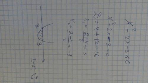 X^2 - 2х - 3 < = 0 (меньше либо равно) решить неравенство и показать на координатной прямой