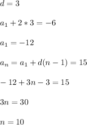 d=3 \\\\
a_1+2*3=-6 \\\\
a_1=-12 \\\\
a_n=a_1+d(n-1)=15 \\\\
-12+3n-3=15 \\\\
3n=30 \\\\
n=10
