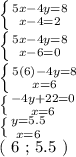 \left \{ {{5x - 4y = 8} \atop {x - 4 = 2}} \right. 

 \left \{ {{5x - 4y = 8} \atop {x - 6 = 0}} \right. 

 \left \{ {{5(6) - 4y = 8} \atop {x=6}} \right. 

 \left \{ {{-4y + 22 = 0} \atop {x=6}} \right. 

 \left \{ {{y=5.5} \atop {x=6}} \right. 

( 6 ; 5.5 )