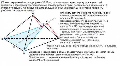 Объем треугольной пирамиды равен 30. плоскость проходит через сторону основания этой пирамиды и пере