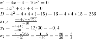 x^2+4x+4-16x^2=0 \\
-15x^2+4x+4=0 \\
D=4^2-4*4*(-15)=16+4*4*15=256 \\
x_{1,2} = \frac{-4+/- \sqrt{256} }{-30} \\
x_1 = \frac{-4+16}{-30} = 12/30 = -0,4 \\
x_2 = \frac{-4- \sqrt{256} }{-30} = \frac{-4-16}{-30}=- \frac{20}{30}= \frac{2}{3} 
