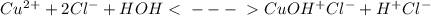 Cu^2^+ + 2Cl^- + HOH \ \textless \ ---\ \textgreater \ CuOH^+ Cl^- + H^+ Cl^-
