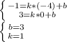 \left \{ {{-1=k*(-4)+b} \atop {3=k*0+b}} \right. 

 \left \{ {{b=3} \atop {k=1}} \right.