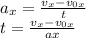 a_x = \frac{v_x - v_{0x}}{t} \\ 
t = \frac{v_x - v_{0x}}{ax}
