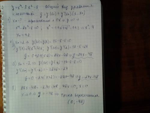 Составьте уравнения касательных к графику функции y=x^4 - 2x^2 - 8 в точках его пересечения с осью а