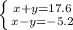\left \{ {{x+y=17.6} \atop {x-y=-5.2}} \right. 
