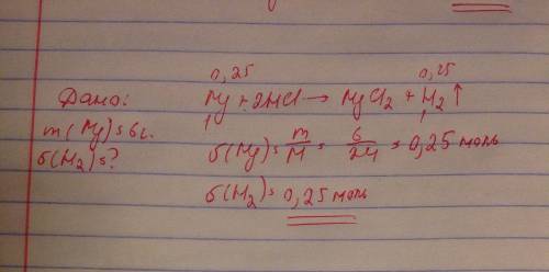 Реакция проходит по следующему уравнению mg+2hcl=mgcl2+h2. определить количество вещества водорода,