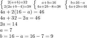 \left \{ {{2(a+b)=32} \atop {2(2a+b-4)=38}} \right. \left \{ {{a+b=16} \atop {4a+2b-8=38}} \right. \ \left \{ {{b=16-a} \atop {4a+2b=46}} \right. \\ 
4a+2(16-a)=46 \\ 4a+32-2a=46 \\ 2a=14 \\ a=7 \\ b=16-a=16-7=9