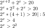 2^{x+2} + 2^{x} \ \textgreater \ 20

 2^{x} * 2^{2} + 2^{x} \ \textgreater \ 20

 2^{x} *(4+1)\ \textgreater \ 20 |:5

 2^{x} \ \textgreater \ 4

 2^{x} \ \textgreater \ 2^{2}