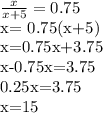 \frac{x}{x+5} =0.75

x= 0.75(x+5)

x=0.75x+3.75

x-0.75x=3.75

0.25x=3.75

x=15

