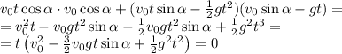 v_0t\cos\alpha\cdot v_0\cos\alpha+(v_0t\sin\alpha-\frac12gt^2)(v_0\sin\alpha-gt)=\\
=v_0^2t-v_0gt^2\sin\alpha-\frac12v_0gt^2\sin\alpha+\frac12g^2t^3=\\
=t\left(v_0^2-\frac32v_0gt\sin\alpha+\frac12g^2t^2\right)=0