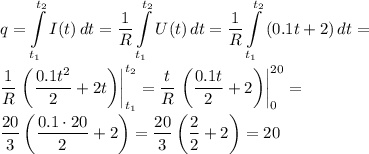 \displaystyle q=\int\limits^{t_2}_{t_1} {I(t)} \, dt = \frac{1}{R} \int\limits^{t_2}_{t_1} {U(t)} \, dt=\frac{1}{R} \int\limits^{t_2}_{t_1} {(0.1t+2)} \, dt= \\ \\ 
\frac{1}{R}\left.\left(\frac{0.1t^2}{2}+2t\right)\right|_{t_1}^{t_2} =
\frac{t}{R}\left.\left(\frac{0.1t}{2}+2\right)\right|_0^{20} = \\ \\ 
\frac{20}{3}\left(\frac{0.1\cdot20}{2}+2\right)= 
\frac{20}{3}\left(\frac{2}{2}+2\right)= 20