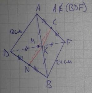 Точка а лежить поза площиною трикутника bdf. точки n,m, c, k-середини вiдрiзкiв bn df fa ab. обчислi