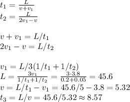 t_1=\frac{L}{v+v_1}\\
t_2 = \frac{L}{2v_1-v}\\\\
v+v_1 = L/t_1\\
2v_1-v = L/t_2\\\\
v_1 = L/3(1/t_1+1/t_2)\\
L = \frac{3v_1}{1/t_1+1/t_2} = \frac{3\cdot3.8}{0.2+0.05} = 45.6\\
v = L/t_1-v_1 = 45.6/5-3.8 = 5.32\\
t_3 =L/v = 45.6/5.32\approx 8.57