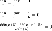 \frac{110}{x}- \frac{110}{x+5} = \frac{1}{6} \\ \\ \frac{110}{x}- \frac{660}{x+5} - \frac{1}{6}=0 \\ \\ \frac{660(x+5)-660x-x^2-5x}{6x(x+5)}=0 \\ \\ 