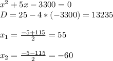 x^2+5x-3300=0 \\ D=25-4*(-3300)=13235 \\ \\ x_1= \frac{-5+115}{2} =55 \\ \\ x_2= \frac{-5-115}{2} =-60