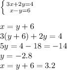 \left \{ {{3x+2y=4} \atop {x-y=6}} \right. \\\\
x = y+6\\
3(y+6)+2y = 4\\
5y = 4-18 = -14\\
y = -2.8\\
x = y+6 = 3.2