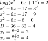 log_3(x^2-6x+17)=2 \\
x^2-6x+17 = 3^2\\
x^2-6x+17 = 9\\
x^2-6x+8=0\\
D = 36-32=4\\
x_1 = \frac{6-2}{2} =2\\
x_2 = \frac{6+2}{2} =4