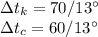 \Delta t_k=70/13^\circ\\
\Delta t_c=60/13^\circ